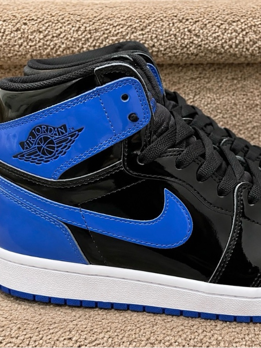 Like New no box Air Jordan 1 Retro High Black and Royal Blue Patent Sneakers 9
